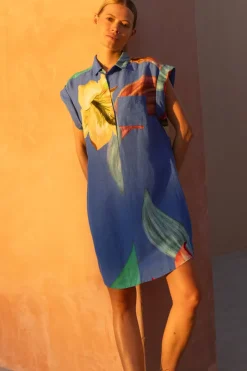 Oliphant Short & Mini Dresses|Dresses>Shirt Dress Mini- Hibiscus Blue