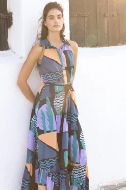 Oliphant Maxis|Dresses>Sleeveless Shirt Dress Maxi- Riviera Blue