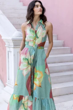 Oliphant Maxis|Dresses>Sleeveless Shirt Dress Maxi- Hibiscus Sage