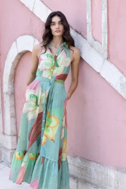 Oliphant Maxis|Dresses>Sleeveless Shirt Dress Maxi- Hibiscus Sage