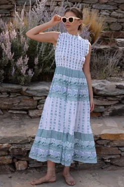 Oliphant Maxis|Dresses>Sleeveless Smocked Maxi- Boreggo Green