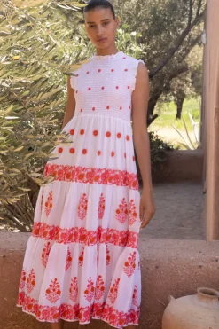 Oliphant Maxis|Dresses>Sleeveless Smocked Maxi- Calistoga Coral