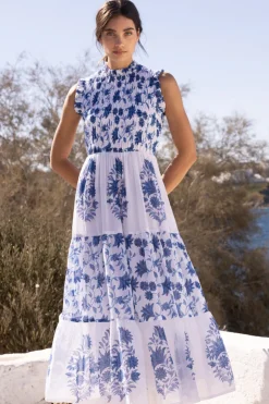 Oliphant Maxis|Dresses>Sleeveless Smocked Maxi- Marion Blue