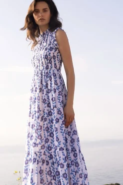 Oliphant Maxis|Dresses>Sleeveless Smocked Maxi- Toscana Blue