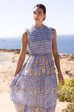Oliphant Maxis|Dresses>Sleeveless Smocked Maxi- Veranda Blue