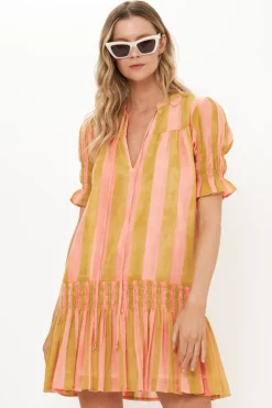 Oliphant Short & Mini Dresses|Dresses>Smocked Drop Mini- Cabana Coral