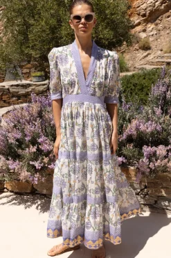 Oliphant Maxis|Dresses>V-Neck Cuffed Maxi- Presidio Blue
