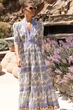 Oliphant Maxis|Dresses>V-Neck Cuffed Maxi- Presidio Blue