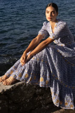 Oliphant Maxis|Dresses>V-Neck Cuffed Maxi- Veranda Blue