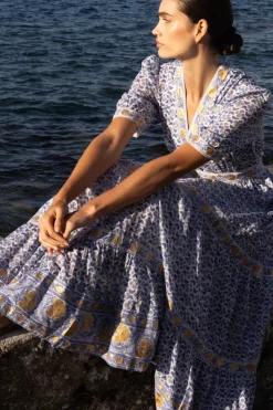 Oliphant Maxis|Dresses>V-Neck Cuffed Maxi- Veranda Blue