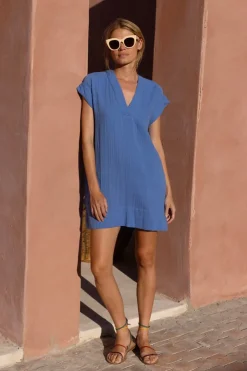 Oliphant Short & Mini Dresses|Dresses>V-Neck Roll Sleeve Mini- Bermuda Blue